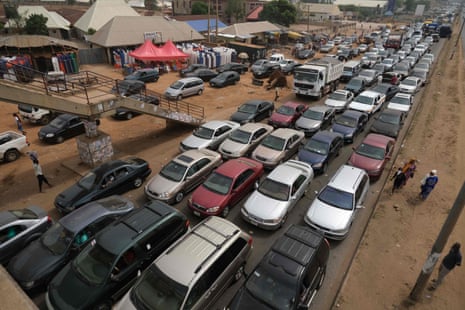 An aerial view of cars and people leaving Abuja on Monday to try to escape the lockdown, which went into force on Monday night