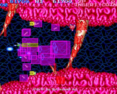 an image of Gradius Origins video game, with pink and black pixels