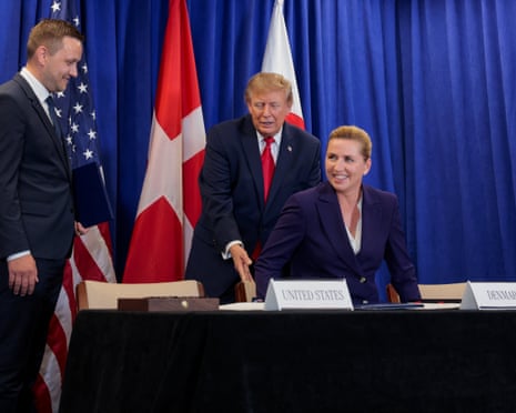 Donald Trump, Mette Frederiksen and Jens-Frederik Nielsen attend a trilateral signing event regarding a deal on Greenland's security.