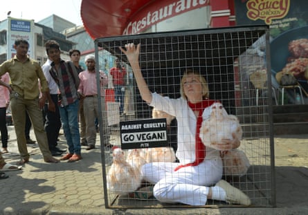 Ingrid Newkirk, founder and president of Peta (People for the Ethical Treatment of Animals), protesting outside a KFC outlet in Mumbai, November 2014