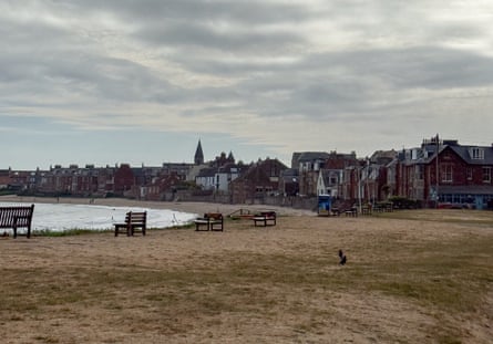 A grey and dreary landscape scene with a strip of beach and buildings in the distance