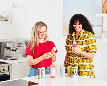 Writer Rebecca Seal (left) and drinks writer Aleesha Hansel in a kitchen with various functional drinks.