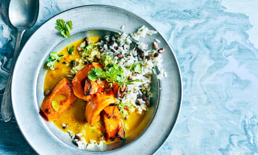 Andi Oliver’s vegan roast pumpkin with coconut and tamarind gravy with coconut rice and peas.