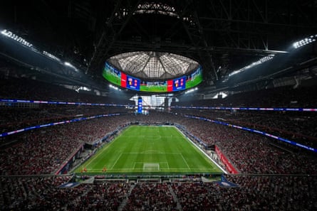 A general overview of the stadium during a game between Belgium and USA at Mercedes-Benz Stadium in Atlanta in March 2026.