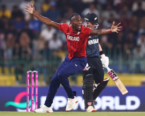 Jofra Archer of England unsuccessfully appeals for the wicket of Tim Seifert.