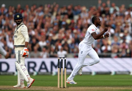 Jofra Archer celebrates after taking the wicket of Ravindra Jadeja.