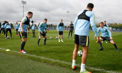 Players from Manchester City’s academy train last season. The club will enter an under-21 team in the Checkatrade Trophy.