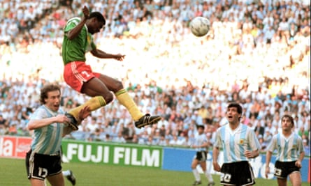 François Omam-Biyik scores against Argentina, who were World Cup holders in 1990.