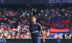 Neymar looks up at the Parc des Princes crowd as he is presented before Paris Saint-Germain’s first game of the season.