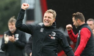 Eddie Howe celebrates this month’s win at home to Manchester United.