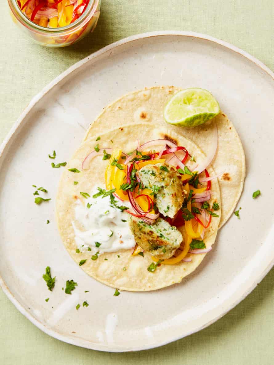 Fishcake tacos with mango and lime and cumin yoghurt