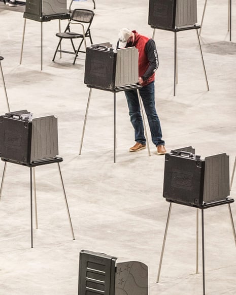 a composite image of a man and voting booths
