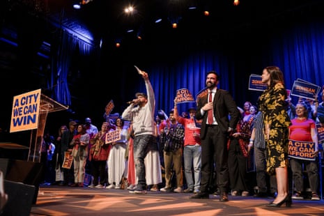 Alexandria Ocasio-Cortez and Zohran Mamdani hold a rally at Terminal 5 in Manhattan, on 14 June.