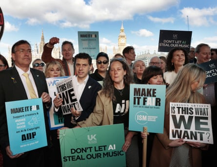 A group of politicians, including Alex Sobel MP, stand with creators stand who are calling on the UK government to stop AI tech companies using their work, with Big Ben in the background.