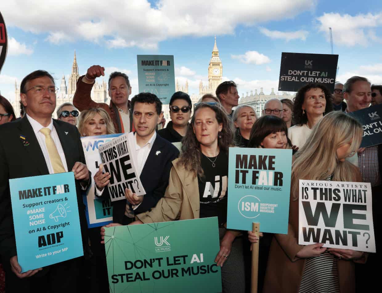 A group of politicians, including Alex Sobel MP, stand with creators stand who are calling on the UK government to stop AI tech companies using their work, with Big Ben in the background.