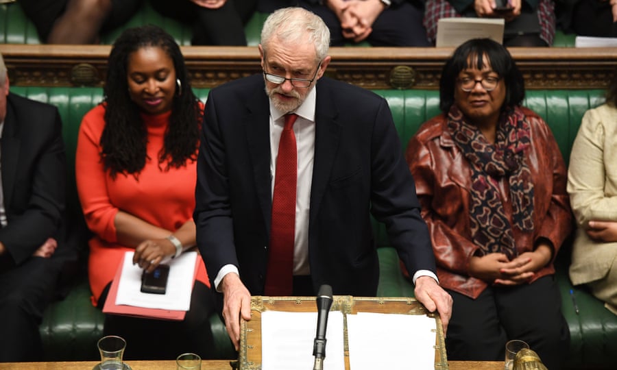 Jeremy Corbyn speaking in parliament, flanked by Dawn Butler and Diane Abbott.