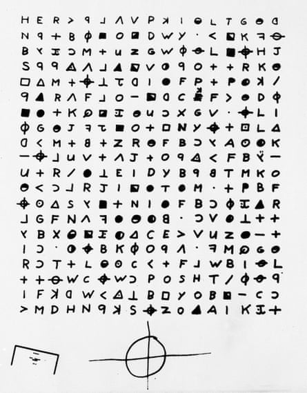 A copy of a handwritten cryptogram made by the Zodiac killer is shown, consisting of several rows of letters and symbols.
