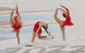 A skater is photographed using a multiple exposure during the Women’s Single Skating Short Program.