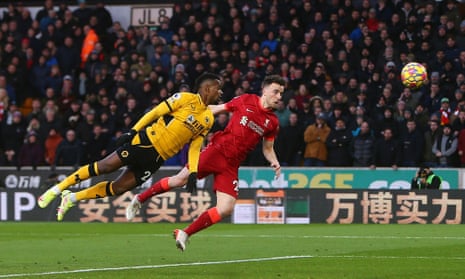 Diogo Jota of Liverpool goes close with a header.