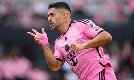 Luis Suárez of Inter Miami CF celebrates after scoring his second goal during the first half of Saturday’s game against Orlando City SC at Chase Stadium.
