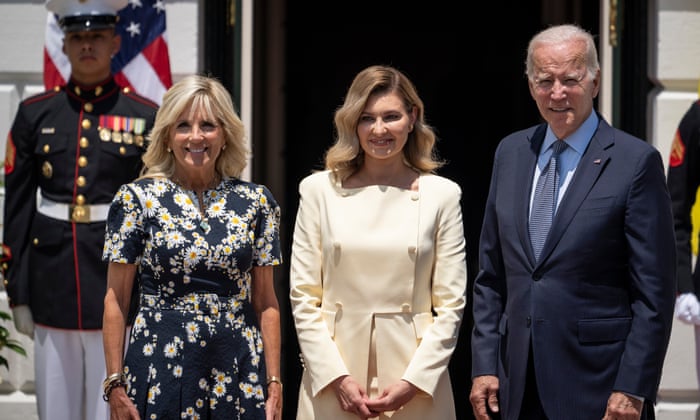 U.S. first lady Jill Biden, first lady of Ukraine Olena Zelenska and U.S. President Joe Biden pose for photos as Zelenska arrives on the South Lawn of the White House July 19, 2022 in Washington, DC.