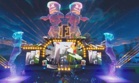 Marshmello holds a Fortnite concert at Pleasant Park.