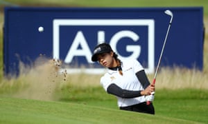 Patty Tavatanakit of Thailand plays out of a bunker on during a practice round on the eve of the AIG Women’s Open 2020 at Royal Troon.