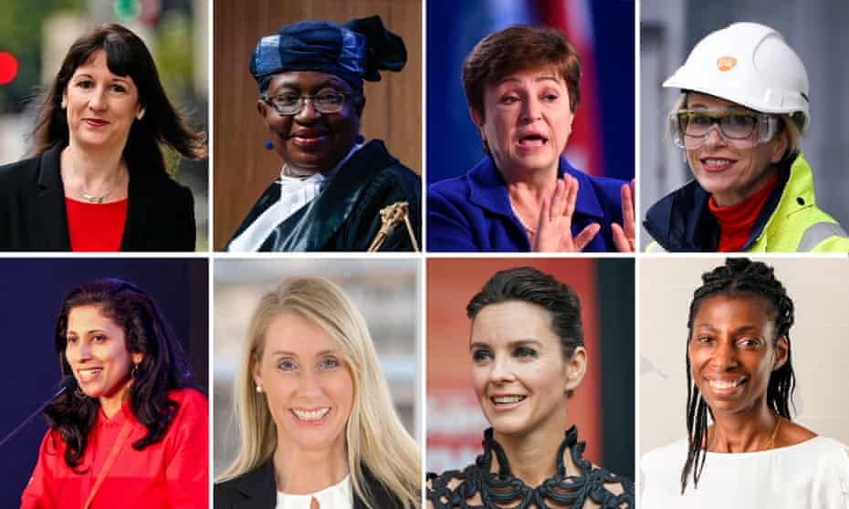Clockwise: Rachel Reeves, Ngozi Okonjo-Iweala,Kristalina Georgieva, Emma Walmsley, Sharon White, Alex Mahon, Debbie Crosbie and Leena Nair.