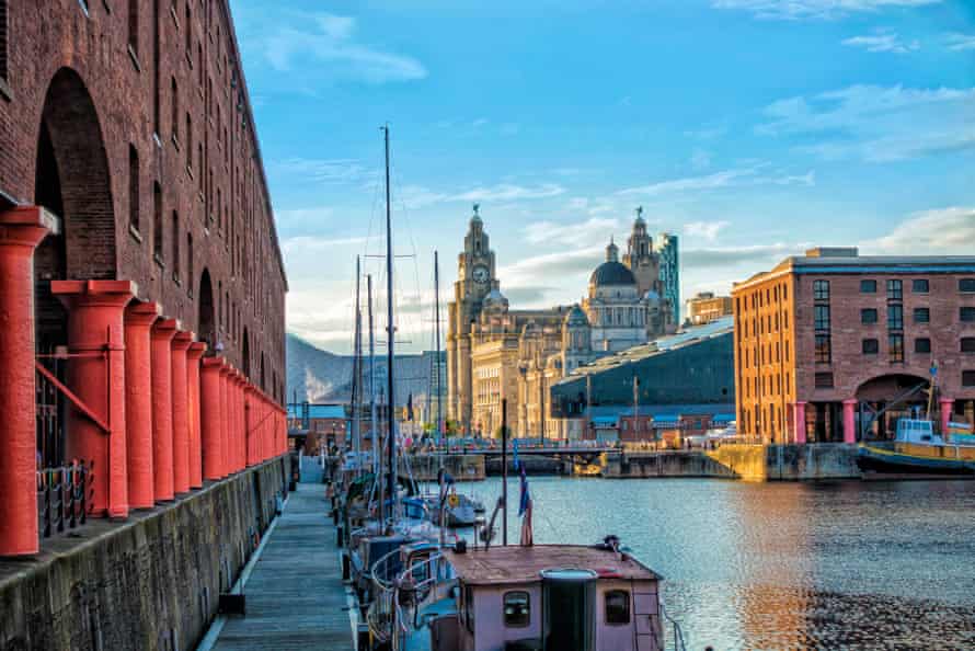 Liverpool’s Albert Dock and a view of the Royal Liver building, Cunard building and the Port of Liverpool building.