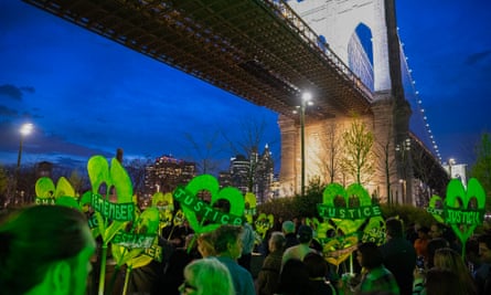 The audience of Grenfell under Brooklyn Bridge at the play’s end.