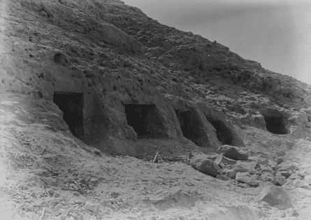 black and white photo of rock-cut tomb