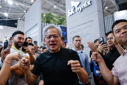 The Nvidia CEO, Jensen Huang, attracts a crowd outside the SK Hynix booth at the annual Computex event in Taipei, on 2 June. Huang will reportedly visit South Korea next.