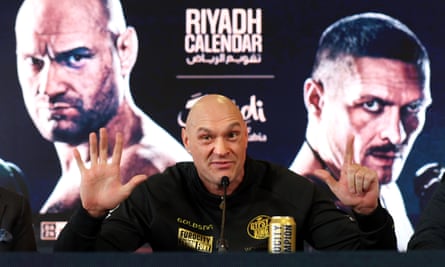 Tyson Fury speaks during a press conference ahead of the undisputed World Heavyweight title fight against Oleksandr Usyk at Mazuma Stadium.