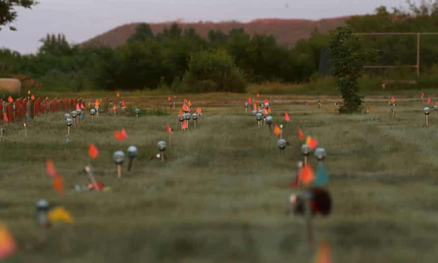 Recently installed solar lights mark burial sites on Cowessess First Nation, where a search had found 751 unmarked graves from the former Marieval Indian residential school near Grayson, Saskatchewan.