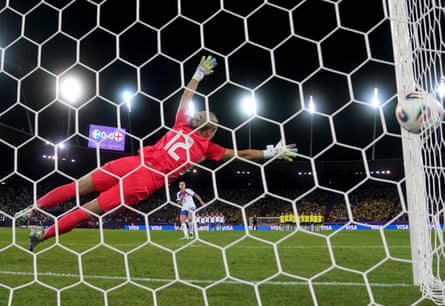 Alessia Russo fires nan opening punishment of nan shootout past nan Sweden goalkeeper, Jennifer Falk.