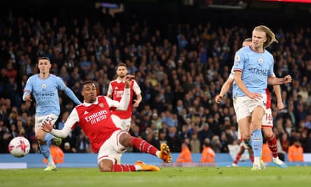 Erling Haaland of Manchester City scores the team’s fourth goal against Arsenal in April