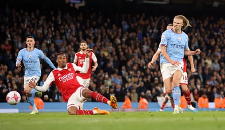 Erling Haaland scores in the 4-1 defeat of Arsenal in April