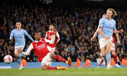Erling Haaland scores Manchester City’s fourth goal in the 4-1 win over Arsenal in April 2023 which finished last season’s title race.