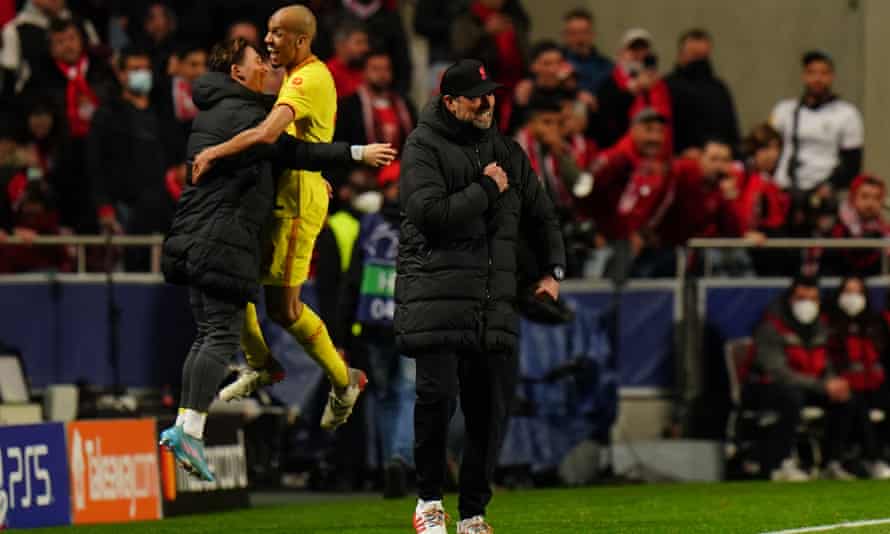 Jürgen Klopp celebrates after Luis Díaz scores Liverpool’s third goal against Benfica in the Champions League.