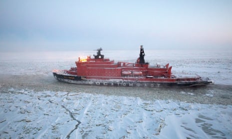 A Russian nuclear-powered icebreaker makes its way through the frozen waters of the Gulf of Ob, the Kara Sea. Russia has 40 icebreakers; the US has two.