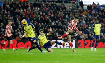 Sunderland’s Jobe Bellingham shoots over the bar against West Brom