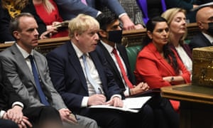 Photo issued by UK Parliament of (left to right) Justice Minister and Deputy Prime Minister Dominic Raab, Prime Minister Boris Johnson, Chancellor of the Exchequer Rishi Sunak, Home Secretary Priti Patel and Foreign secretary Liz Truss.