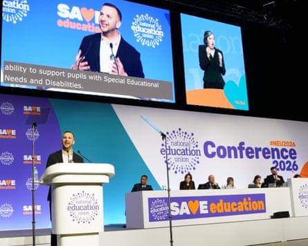 The Green party leader, Zack Polanski, addresses the National Education Union conference at the Brighton Centre