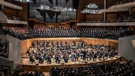 The massed ranks of the Hallé Orchestra and choirs conducted by Mark Elgar’s in Elgar’s The Dream of Gerontius at the Bridgewater Hall, Manchester.