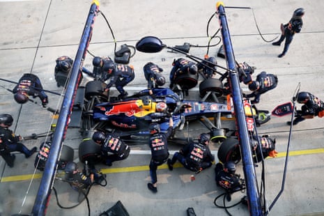 Red Bull mechanics with the car of Verstappen.