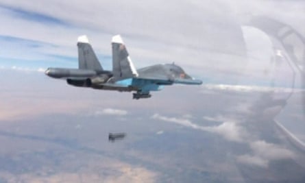 Still from Russian military footage of a Sukhoi Su-34 dropping a bomb over Syria.