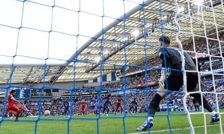 Mohamed Salah scores his second goal at the Amex Stadium