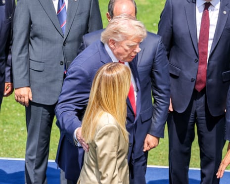 Italian prime minister Giorgia Meloni and US president Donald Trump during a family photo at the G7 summit in Evian, France.