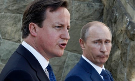 David Cameron with Vladimir Putin: closeup of them standing side by side looking stern, Cameron addressing media