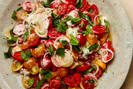 Yotam Ottolenghi’s tomato with lime and cardamom yoghurt.